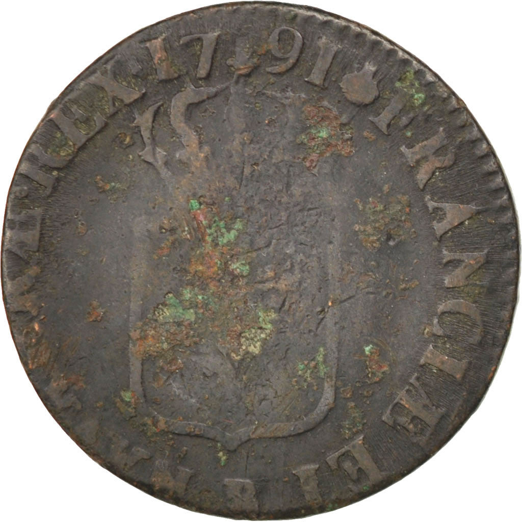FRANCE, Sol ou sou, Sol, 1791, Rouen, KM #578.3, F(12-15), Copper, Gadoury...