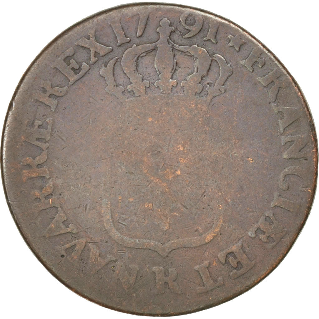 FRANCE, Sol ou sou, Sol, 1791, Orl, KM #578.14, VG(8-10), Copper, Gadoury #350,.