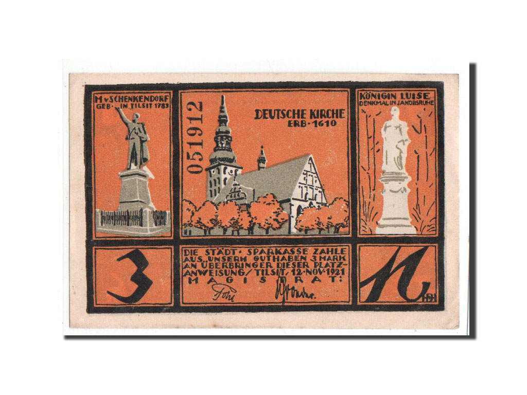 Germany, Tilsit, 3 Mark, paysage, 1921, 1921-11-12, UNC(65-70), Mehl:1324
