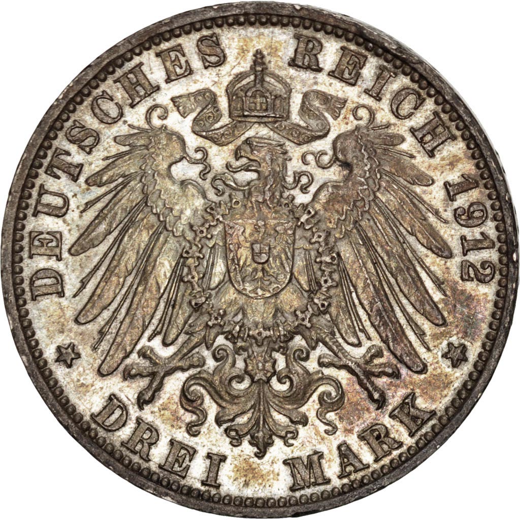 GERMAN STATES, 3 Mark, 1912, Stuttgart, KM #280, AU(50-53), Silver, 33, 16.69