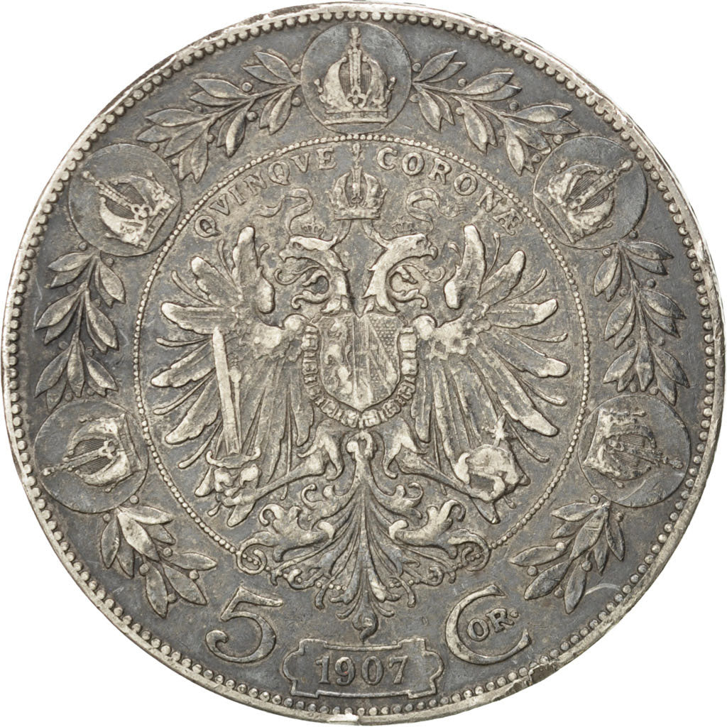 AUSTRIA, 5 Corona, 1907, KM #2807, EF(40-45), Silver, 23.84