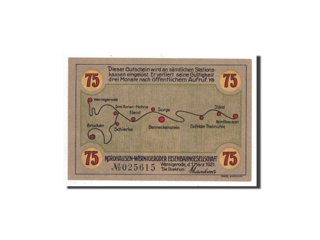 Germania, Wernigerode, 75 Pfennig, train, 1921, 1921-03-01, FDS, Mehl:1406