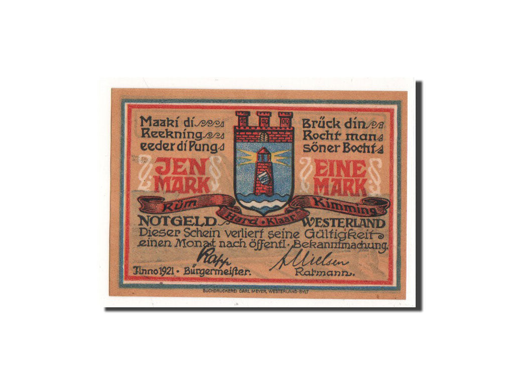 Banknote, Germany, Westerland, 1 Mark, bateau, 1921, Undated, UNC(65-70)