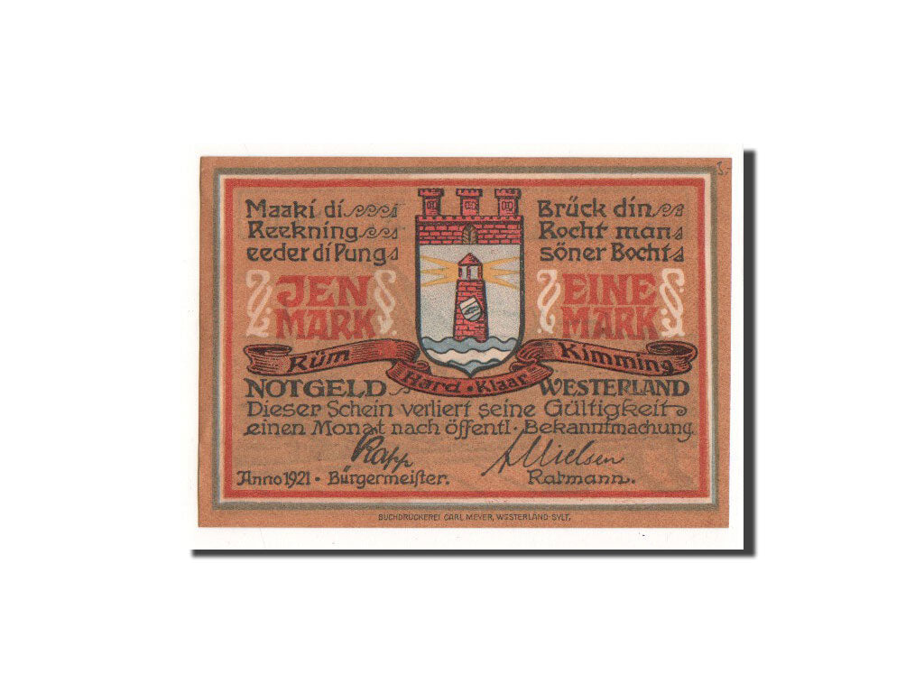 Banknote, Germany, Westerland, 1 Mark, bateau, 1921, Undated, UNC(65-70)