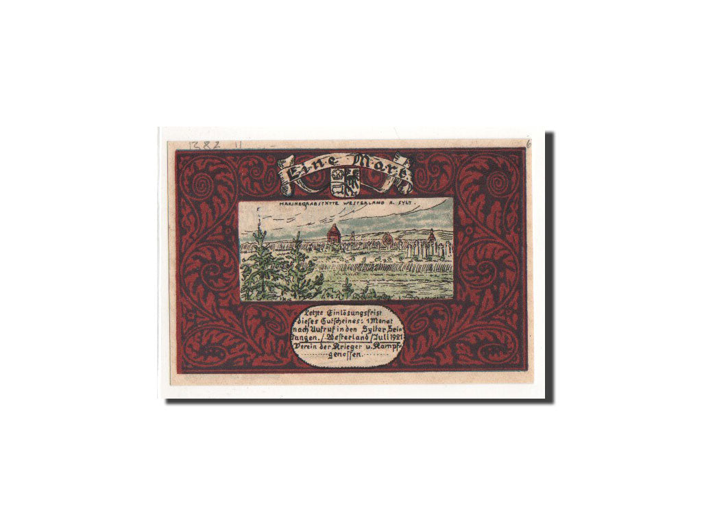 Banknote, Germany, Westerland, 1 Mark, bateau, 1921, 1921-07-01, UNC(65-70)