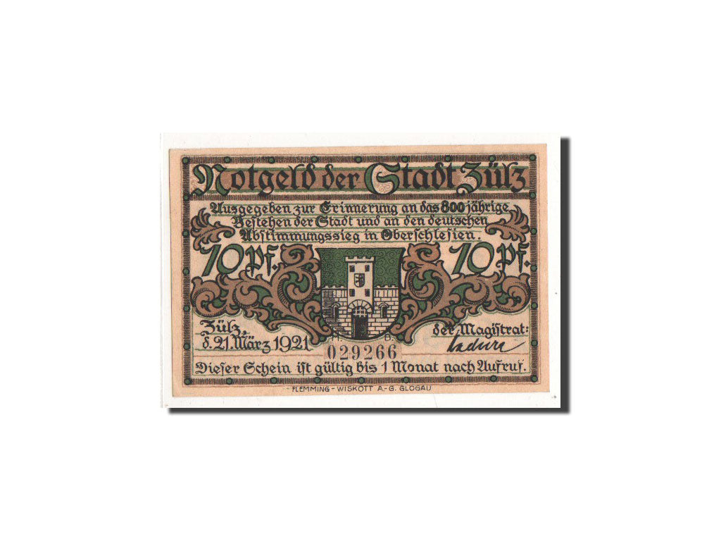 Banknote, Germany, Zülz, 10 Pfennig, paysage, 1921, 1921-03-21, UNC(65-70)