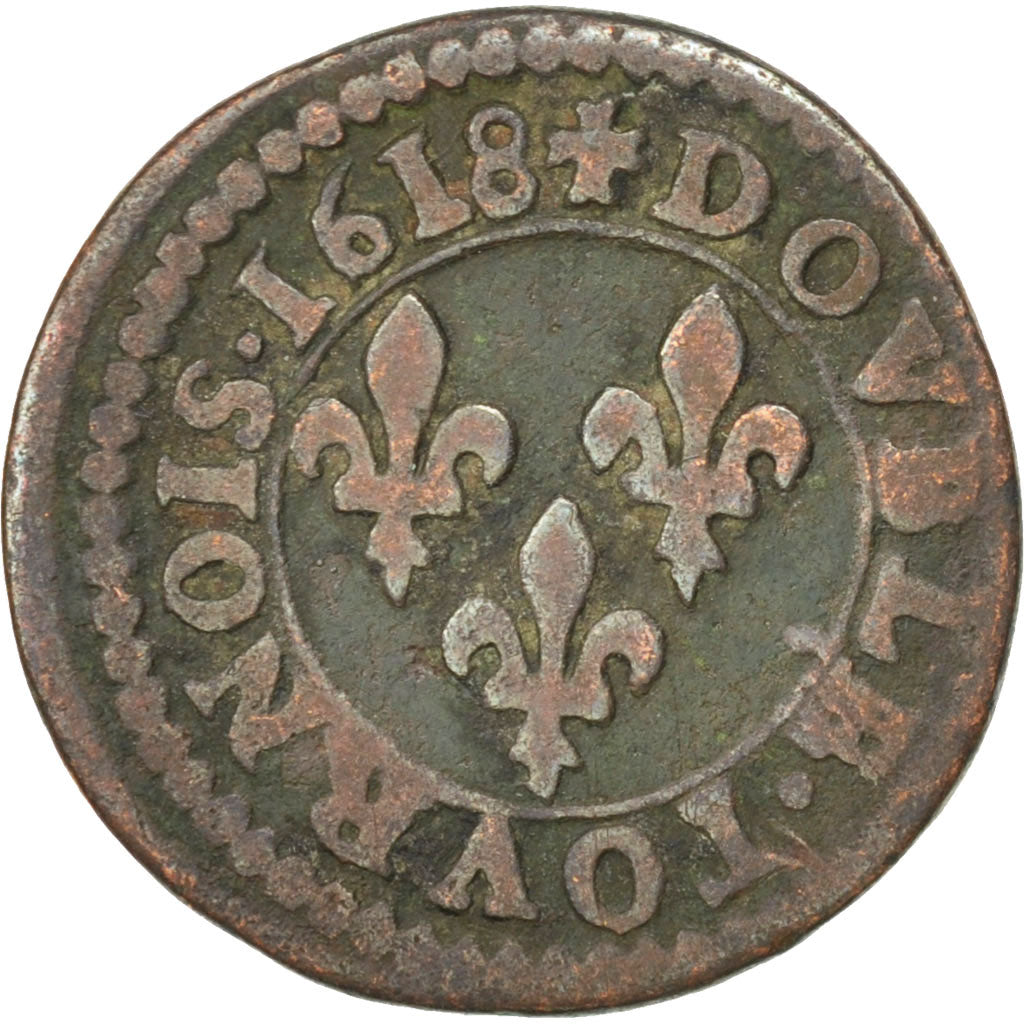 FRANCE, Double tournois, buste enfantin, Double Tournois, 1618, Lyon, KM #43.2,.