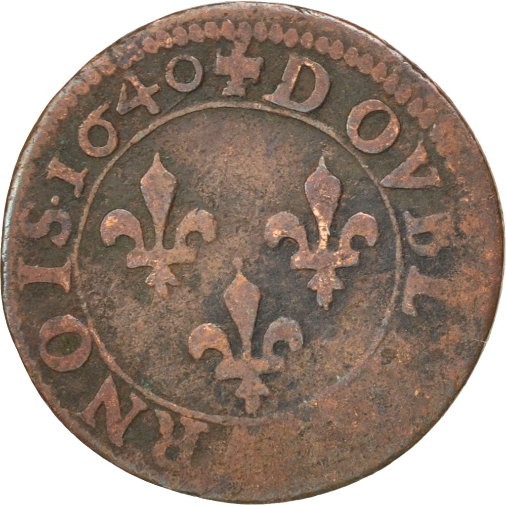 FRANCE, Double tournois, buste laurée et drapé, Double Tournois, 1640, Rouen, KM