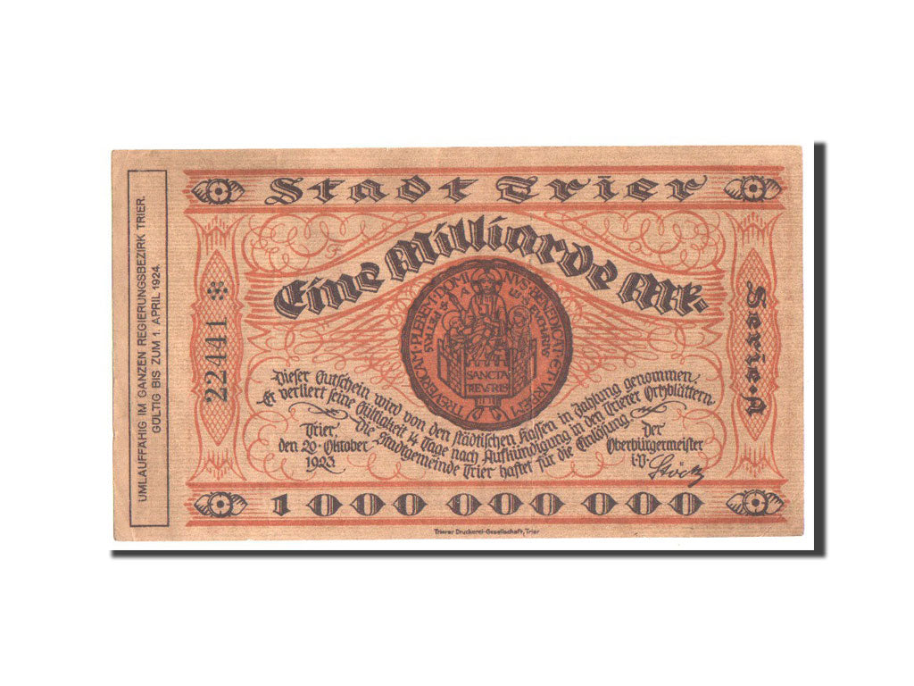 Germany, Trier, 1 Milliarde Mark, plage, 1923, 1923-10-20, AU(50-53)