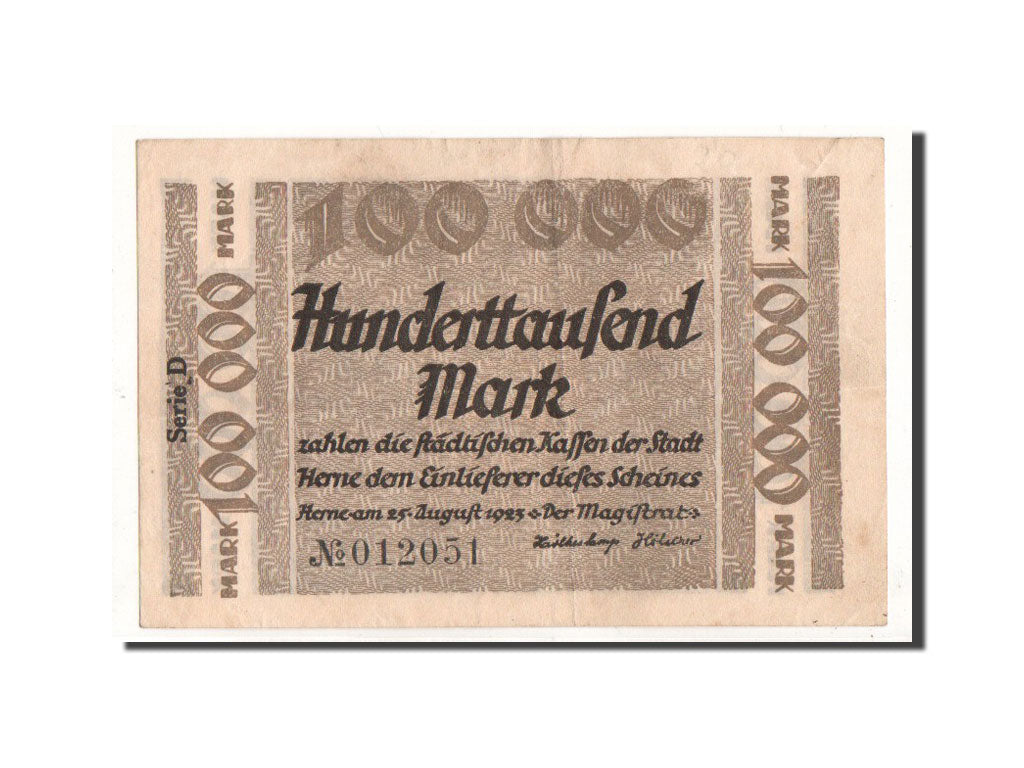 Banknote, Germany, Herne, 100 000 Mark, Ecusson, 1923, 1923-09-25, EF(40-45)