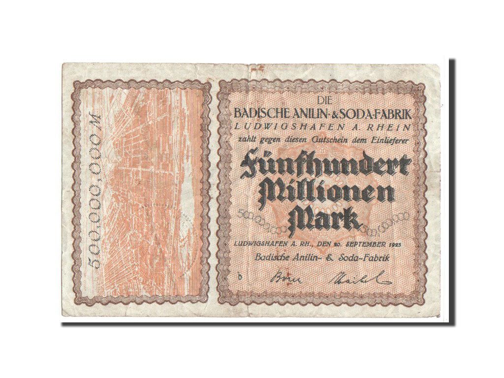 Germany, Ludwigshafen, 500 Millionen Mark, Ecusson, 1923, 1923-09-20, VF(30-35)
