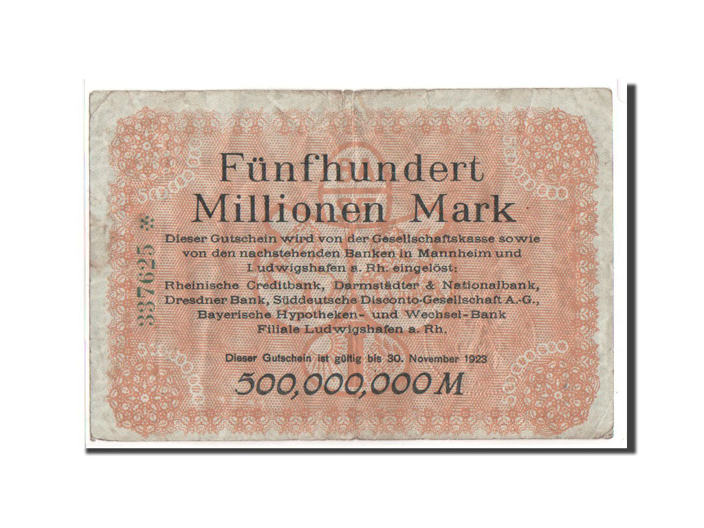 Germany, Ludwigshafen, 500 Millionen Mark, Ecusson, 1923, 1923-09-20, VF(30-35)
