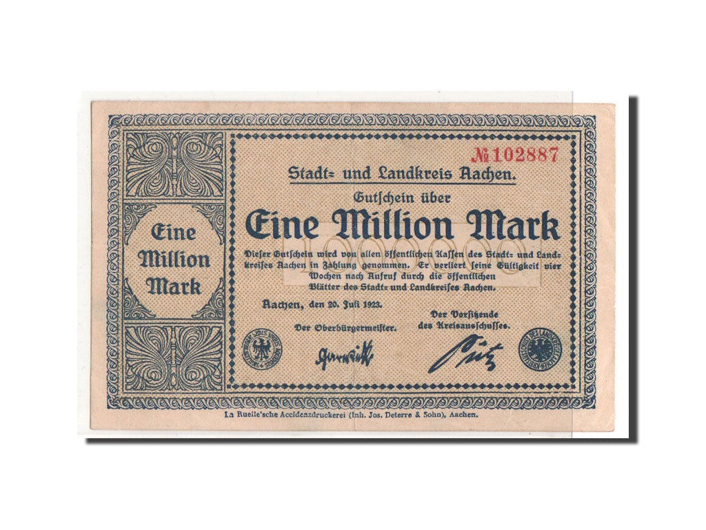 Banknote, Germany, Aachen, 1 Million Mark, graphique, 1923, 1923-07-20