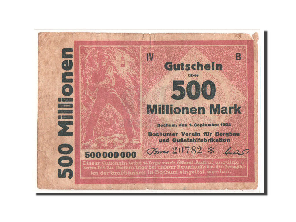 Billet, Allemagne, Bochum, 500 Millionen Mark, personnage, 1923, 1923-09-01, TB