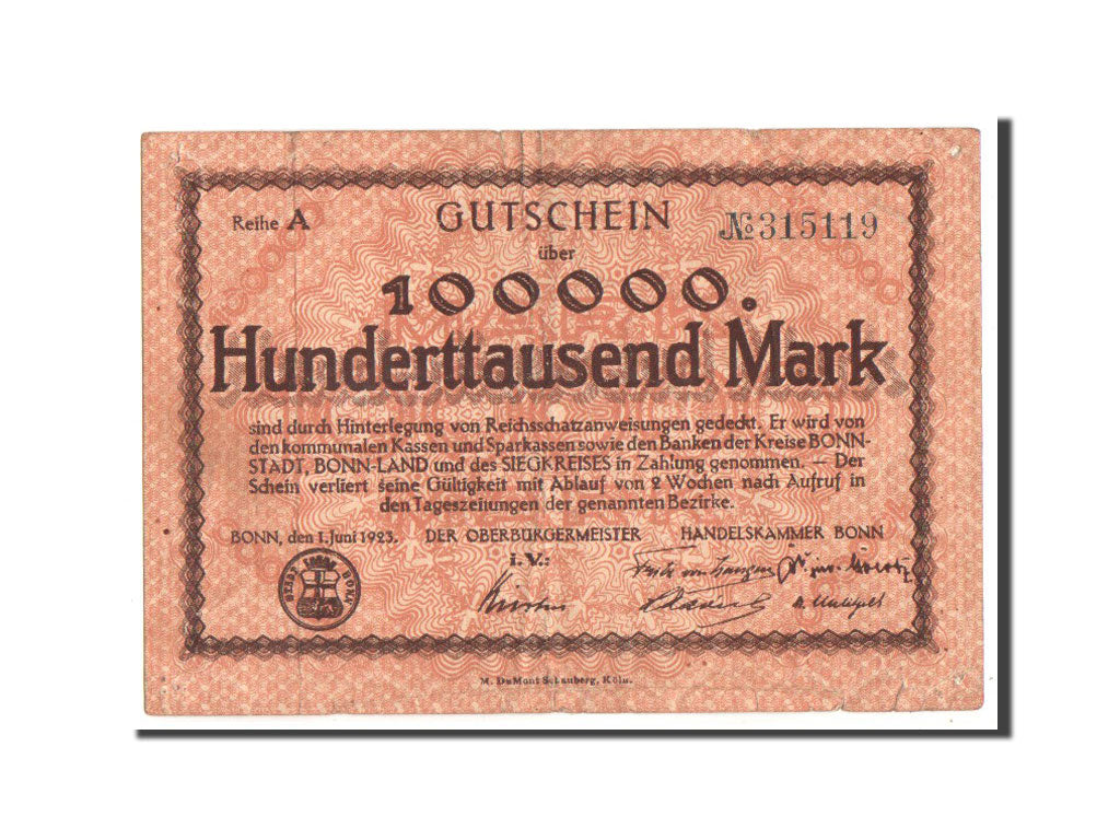 Banknote, Germany, Bonn, 100 000 Mark, graphique, 1923, 1923-06-01, VF(30-35)