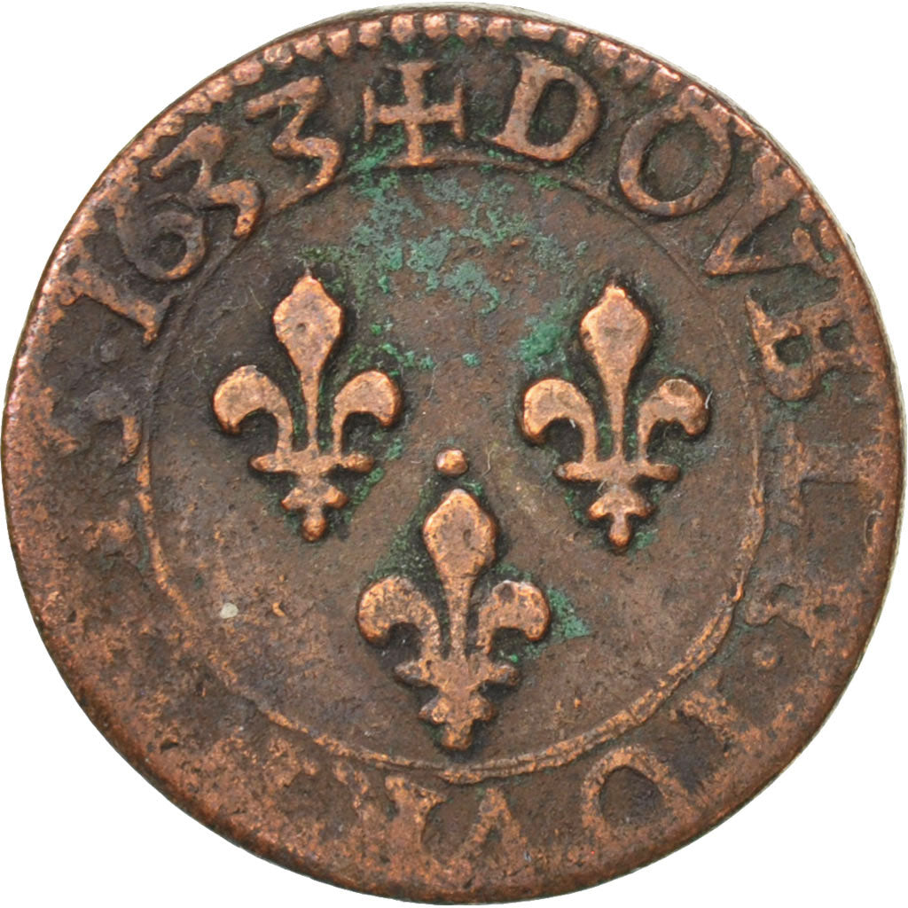 FRANCE, Double tournois, buste juvénile au col fraisé , Double Tournois, 1633, T