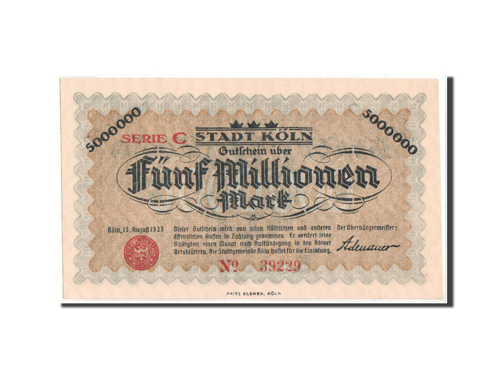 Germany, Köln, 25 Millionen Mark, Ecusson, 1923, 1923-08-15, UNC(65-70)