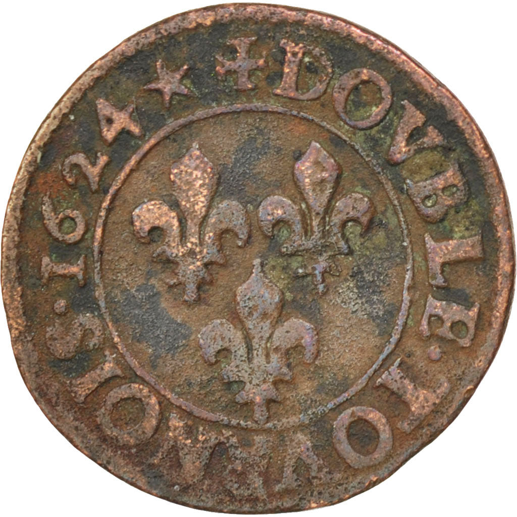 FRANCE, Double tournois, buste juvénile, Double Tournois, 1624, Riom, KM #61.6, 