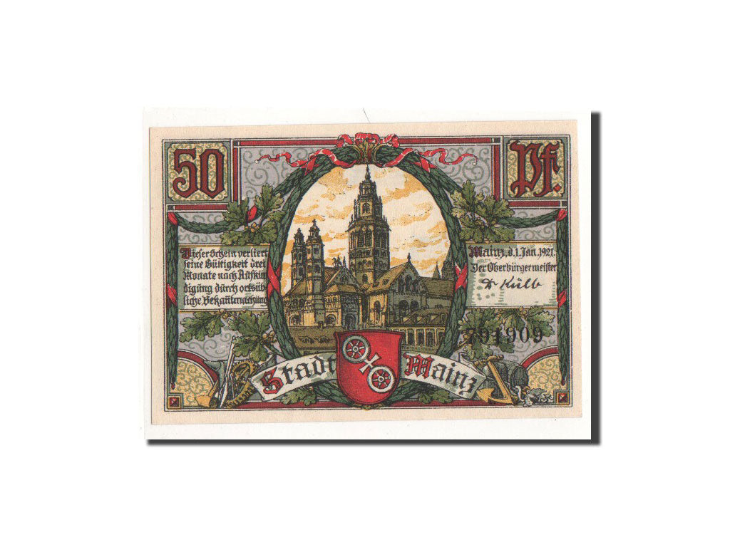 Banknote, Germany, Mainz Stadt, 50 Pfennig, Monument, 1921, 1921-01-01