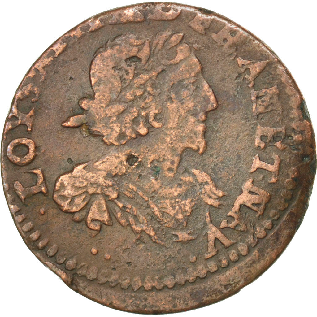 Moneta, Francia, Louis XIII, Double tournois, buste laurée et drapé, Double