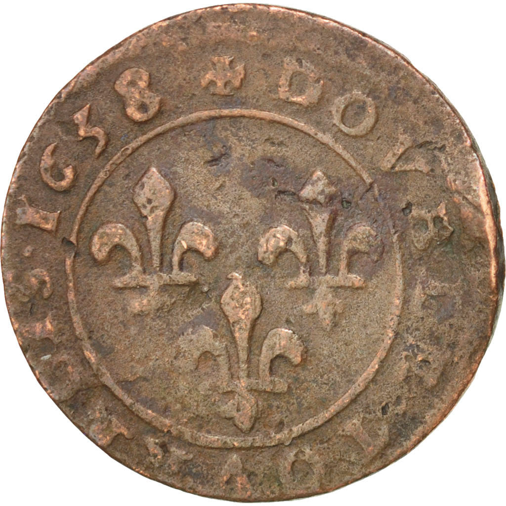 Moneta, Francia, Louis XIII, Double tournois, buste laurée et drapé, Double