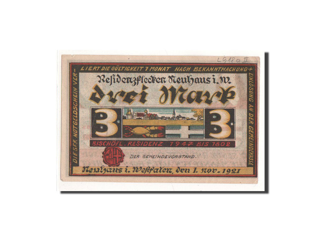 Banknote, Germany, Neuhaus, 3 Mark, portrait, 1921, 1921-11-01, UNC(65-70)