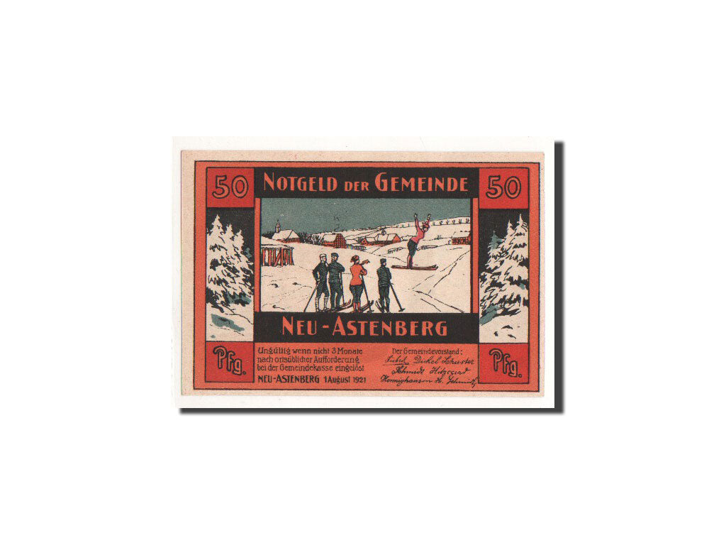 Billet, Allemagne, Neu-Astenberg, 50 Pfennig, skieur, 1921, 1921-08-01, NEUF