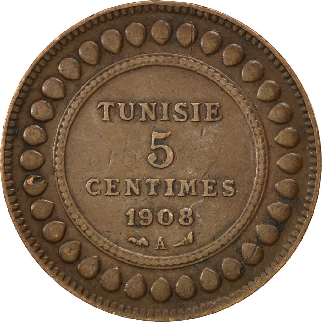 Moneta, Tunisia, Muhammad al-Nasir Bey, 5 Centimes, 1908, Paris, BB, Bronzo