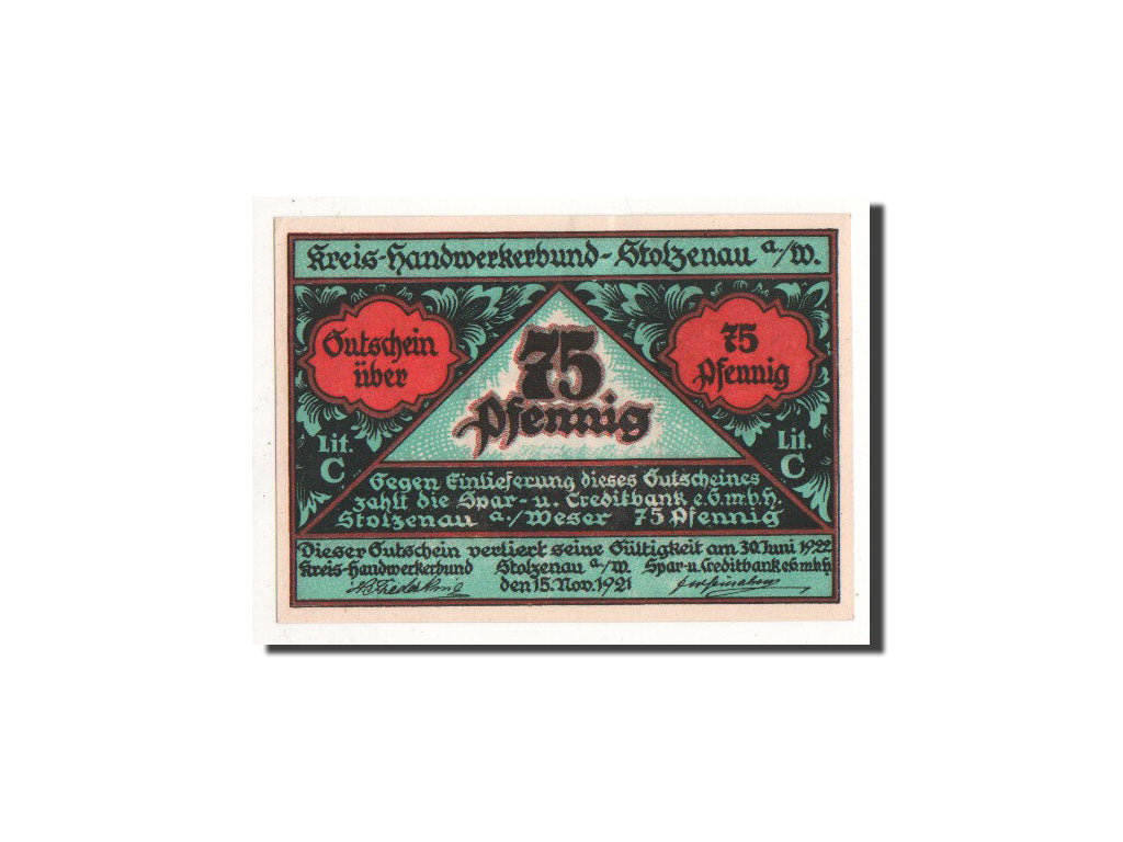 Banknote, Germany, Stolzenau a.d Weser, 75 Pfennig, menuisier, 1921, 1921-11-15
