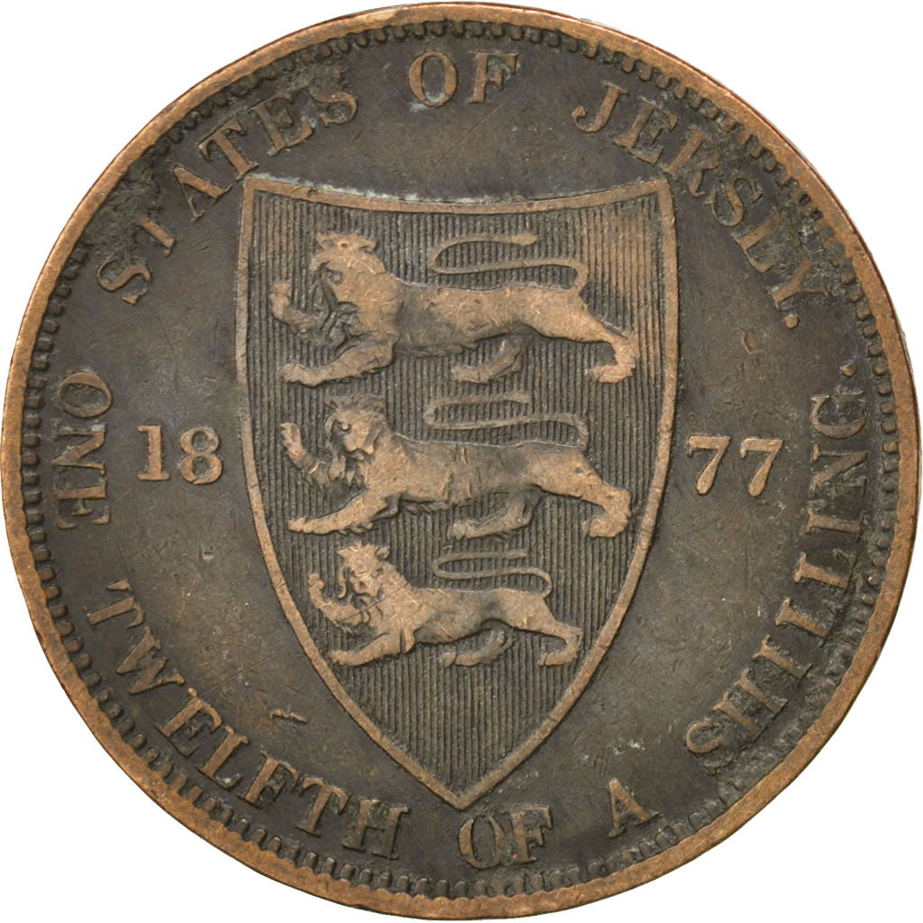 JERSEY, 1/12 Shilling, 1877, Heaton, KM #8, VF(20-25), Bronze, 30.69, 9.16