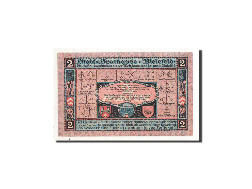 Banknote, Germany, Bielefeld, 2 Mark, symbole, 1921, 1921-05-15, UNC(65-70)