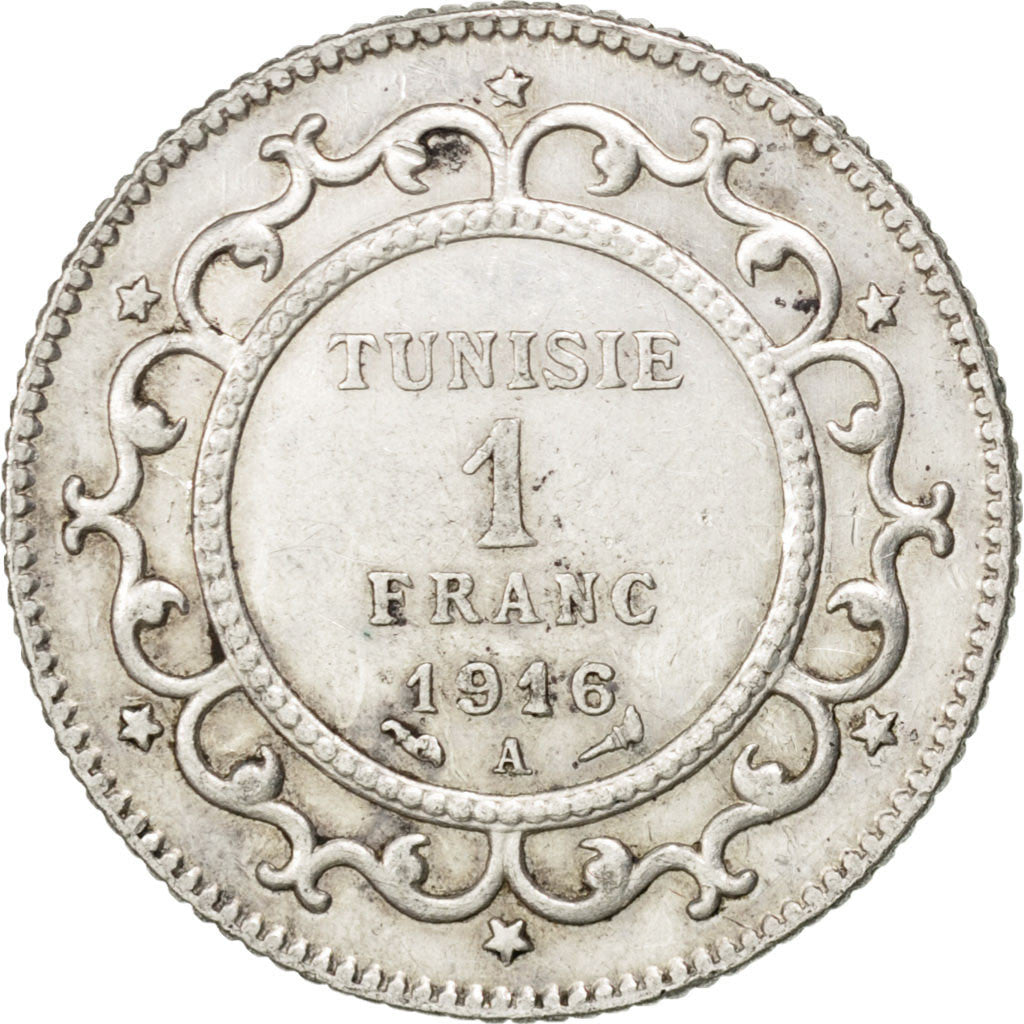 TUNISIA, Franc, 1916, Paris, KM #238, AU(50-53), Silver, 5.02