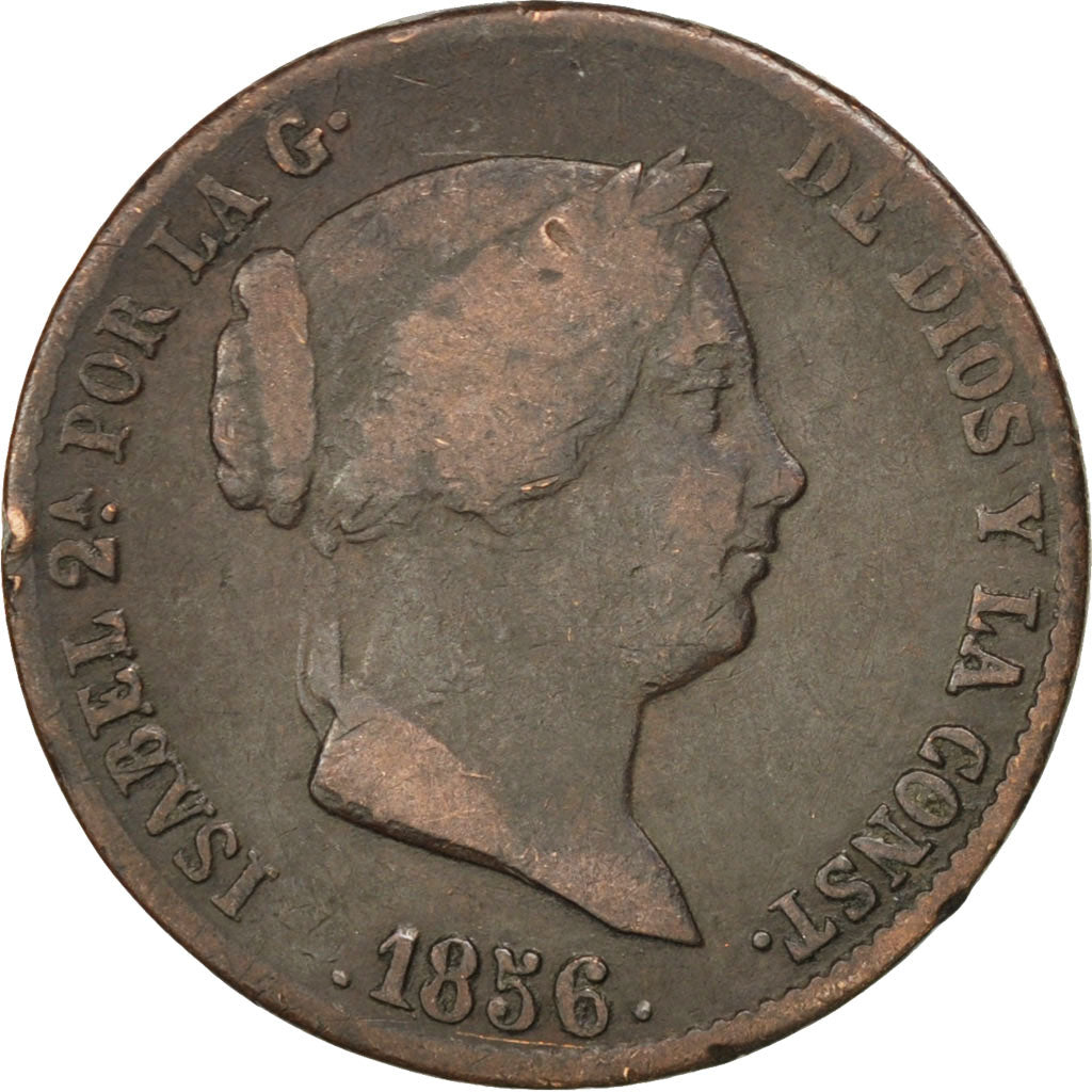 SPAIN, 25 Centimos, 1856, Segovia, KM #615.2, VF(20-25), Copper, 9.94