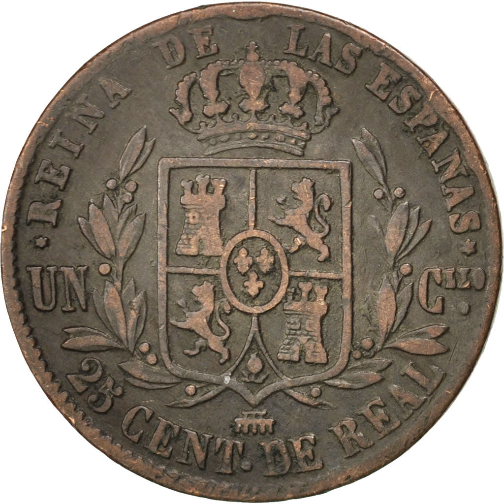 SPAIN, 25 Centimos, 1856, Segovia, KM #615.2, VF(20-25), Copper, 9.94