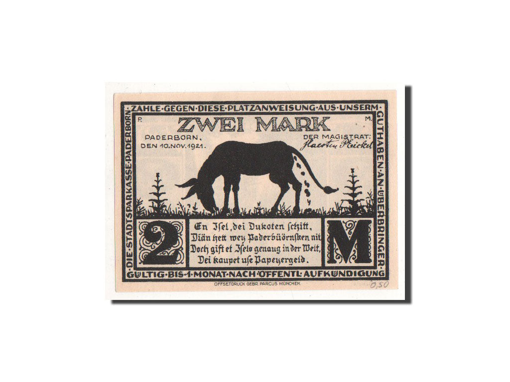 Banknote, Germany, Paderborn, 2 Mark, ruelle, 1921, 1921-11-10, UNC(65-70)