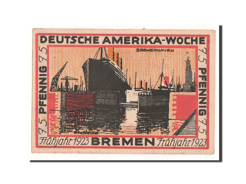 Banknote, Germany, Bremen, 75 Pfennig, bateau, 1923, Undated, UNC(65-70)