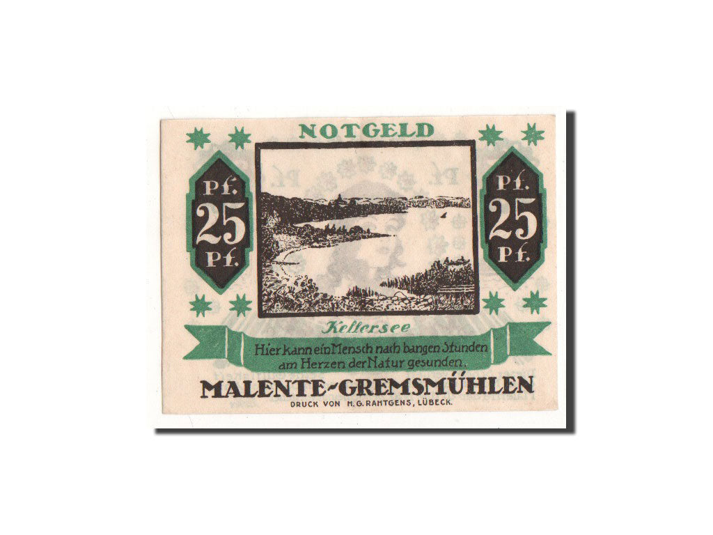 Banknote, Germany, Malente Gremsmuhlen Germeinde, 25 Pfennig, paysage, 1921