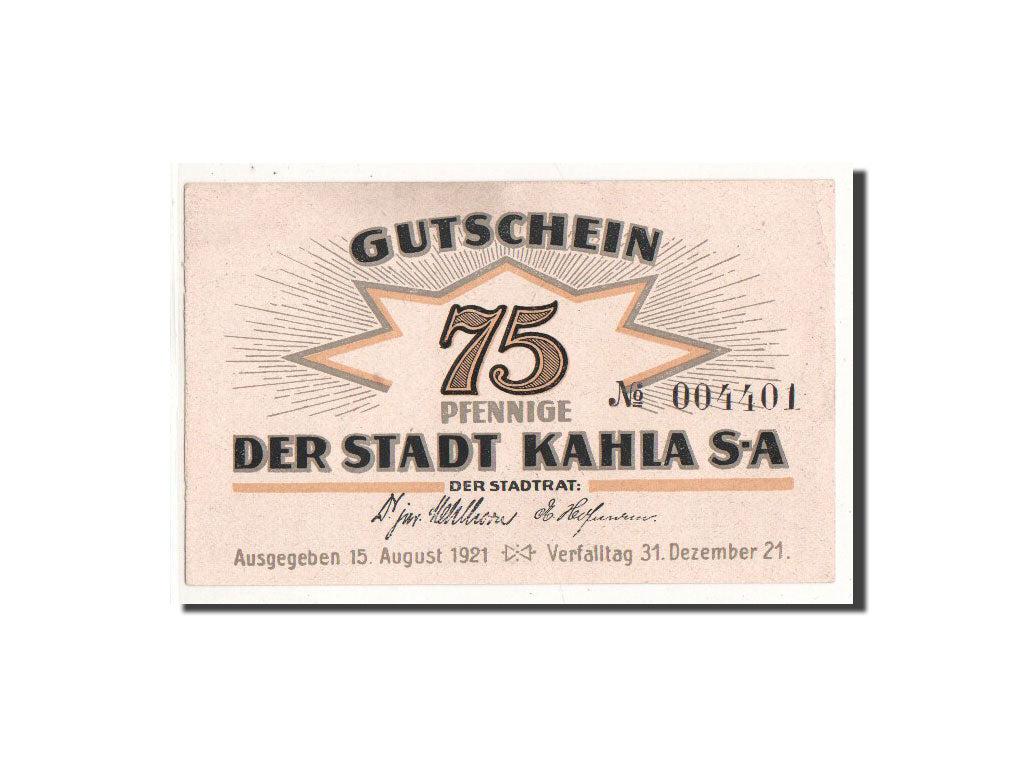 Billet, Allemagne, Kahla, 75 Pfennig, village, 1921, 1921-08-15, NEUF