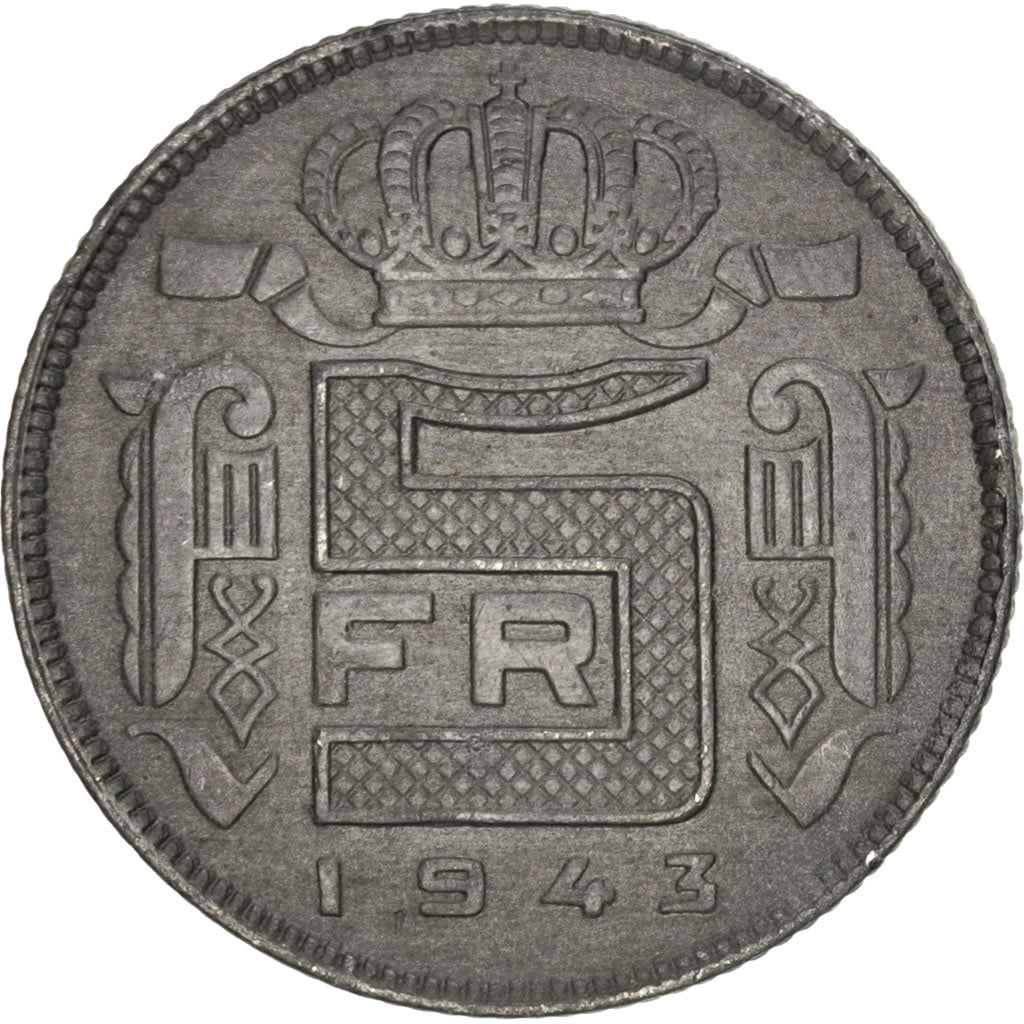 BELGIUM, 5 Francs, 5 Frank, 1943, KM #129.1, EF(40-45), Zinc, 25, 5.98