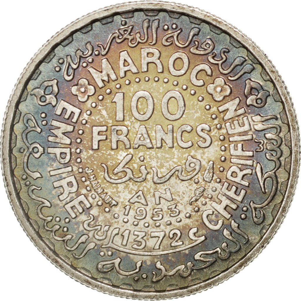MOROCCO, 100 Francs, 1953, Paris, KM #52, AU(55-58), Silver, 4.06