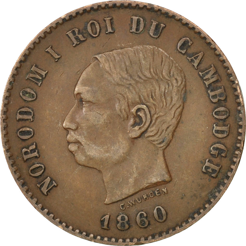 CAMBODIA, 5 Centimes, 1860, KM #M2, EF(40-45), Bronze, 5.06