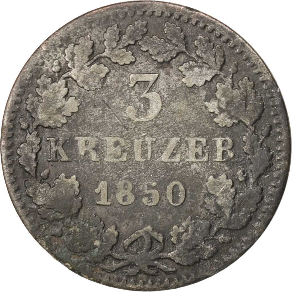 GERMAN STATES, 3 Kreuzer, Groschen, 1850, KM #800, EF(40-45), Silver, 1.20