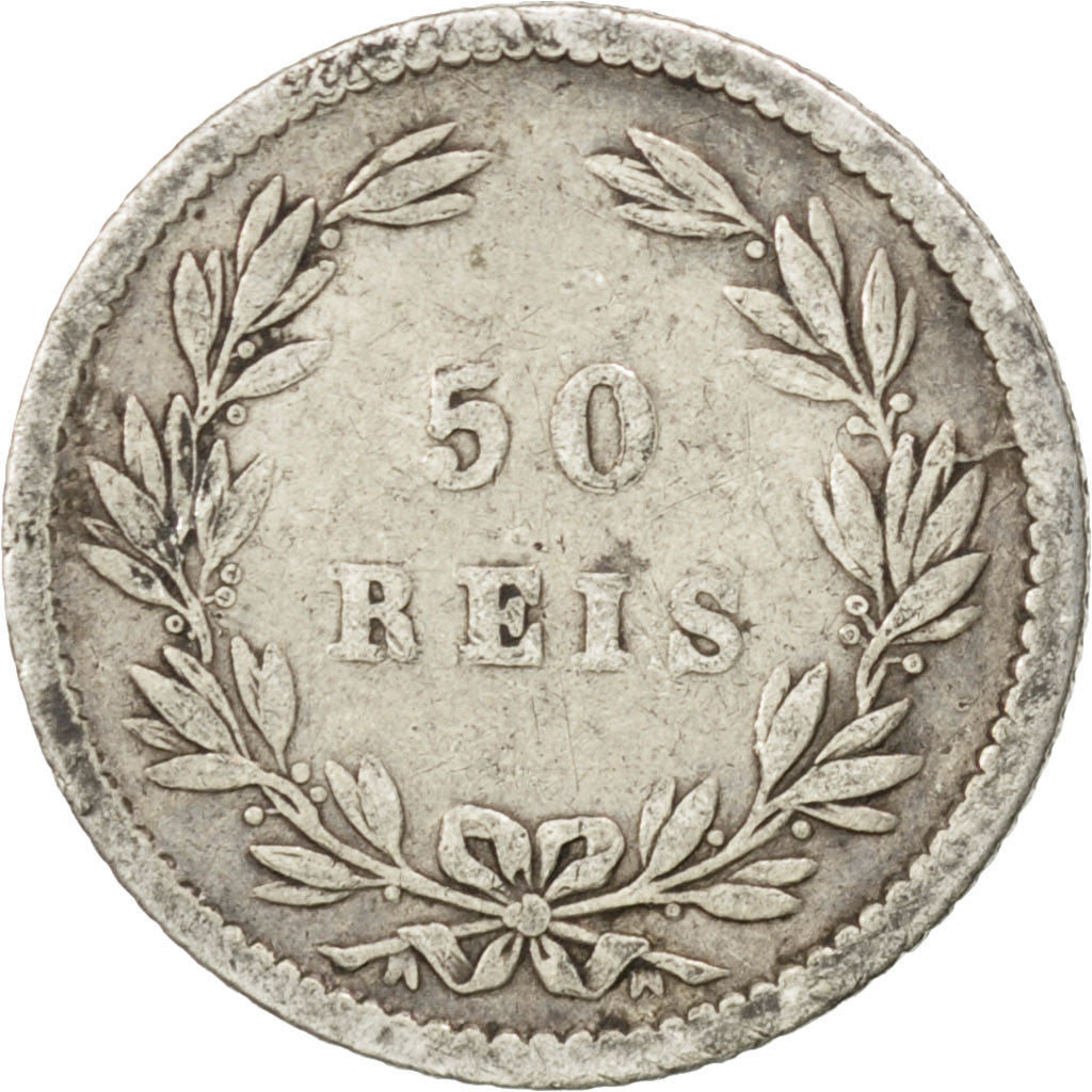PORTUGAL, 50 Reis, 1889, KM #506.2, VF(20-25), Silver, 15.5, 1.16