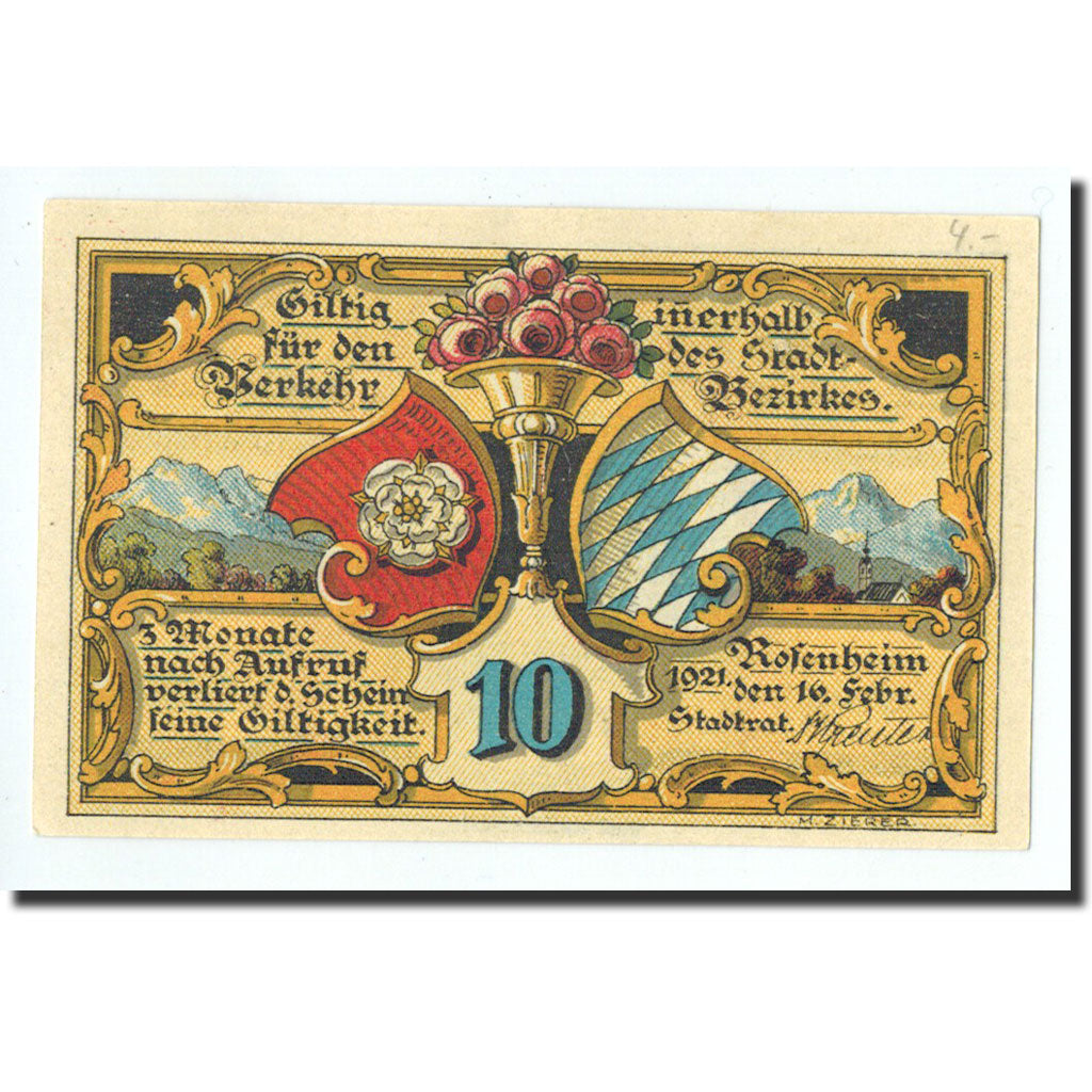 Billet, Allemagne, Rosenheim, 10 Pfennig, ruelle, 1921, 1921-02-16, NEUF
