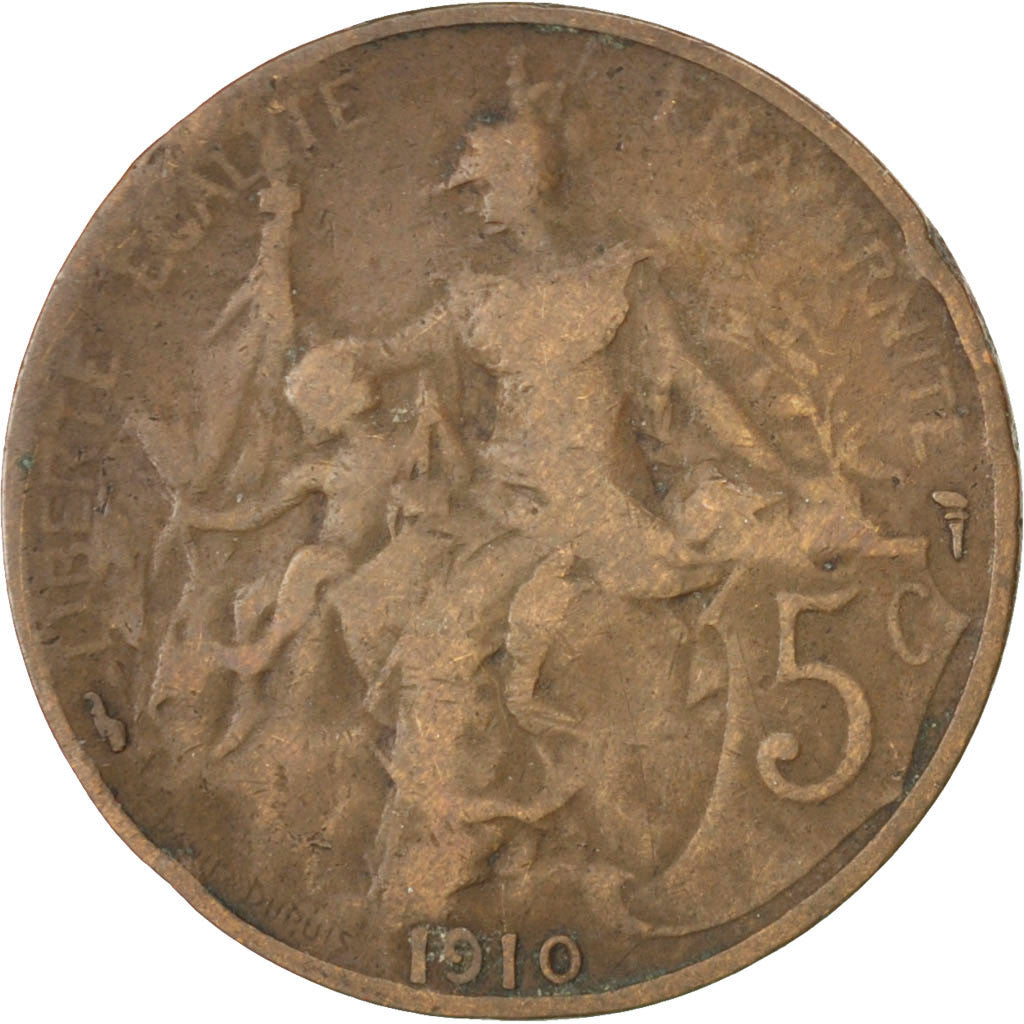 FRANCE, Dupuis, 5 Centimes, 1910, Paris, KM #842, VF(20-25), Bronze, 25.1,...