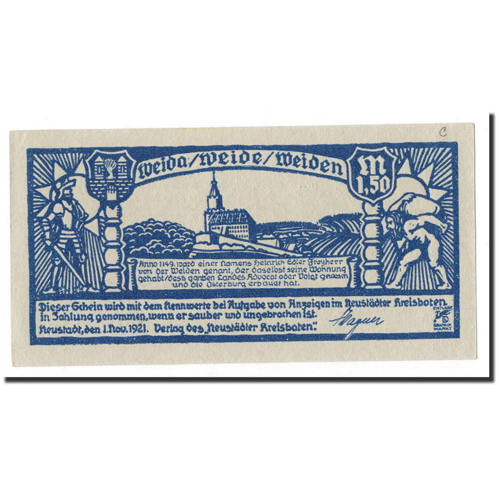 Banconote, Germania, Neustadt a.d Orla Stadt, 1.5 Mark, carte, 1921, 1921-11-01