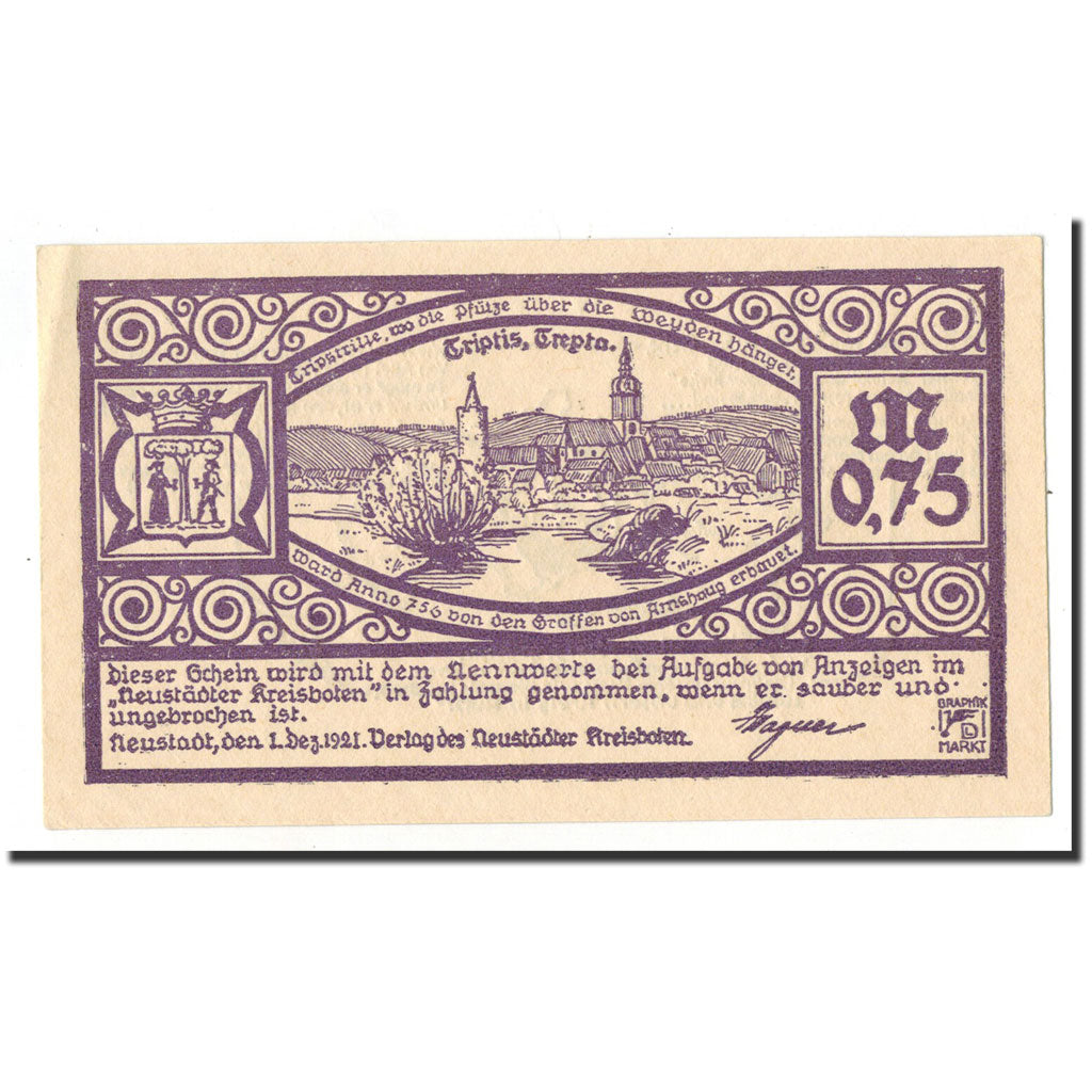 Banknote, Germany, Neustadt a.d Orla Stadt, 75 Pfennig, carte, 1921, 1921-12-01