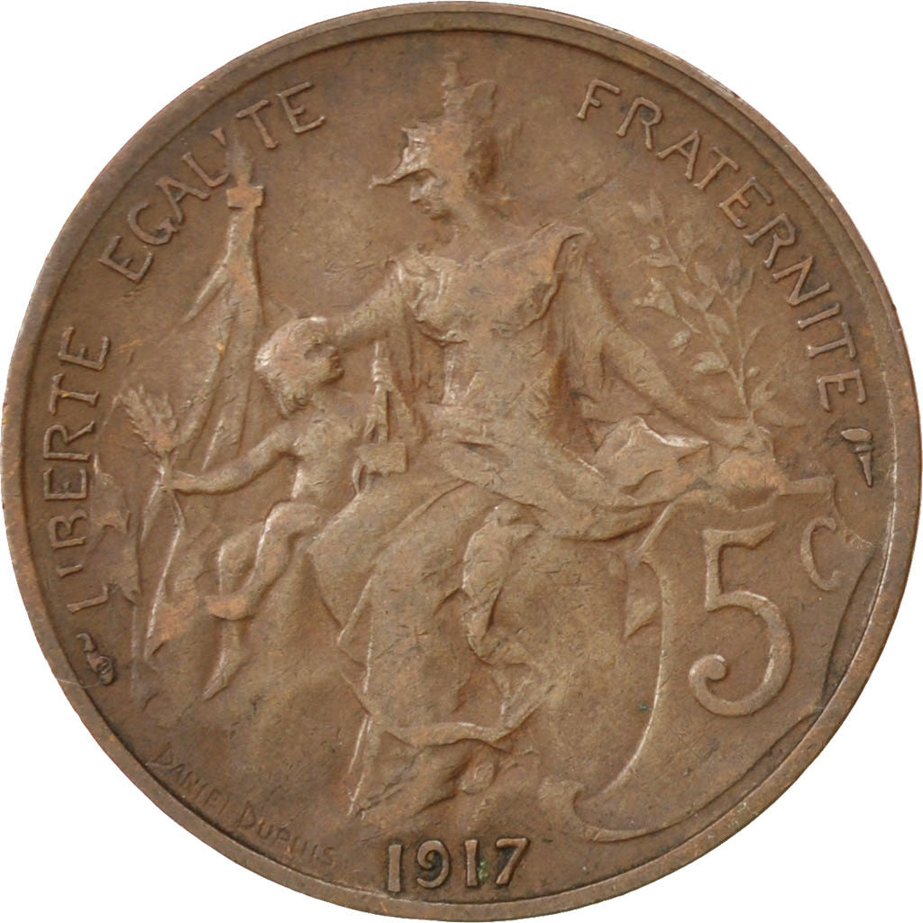 FRANCE, Dupuis, 5 Centimes, 1917, Paris, KM #842, VF(20-25), Bronze, 25.1,...