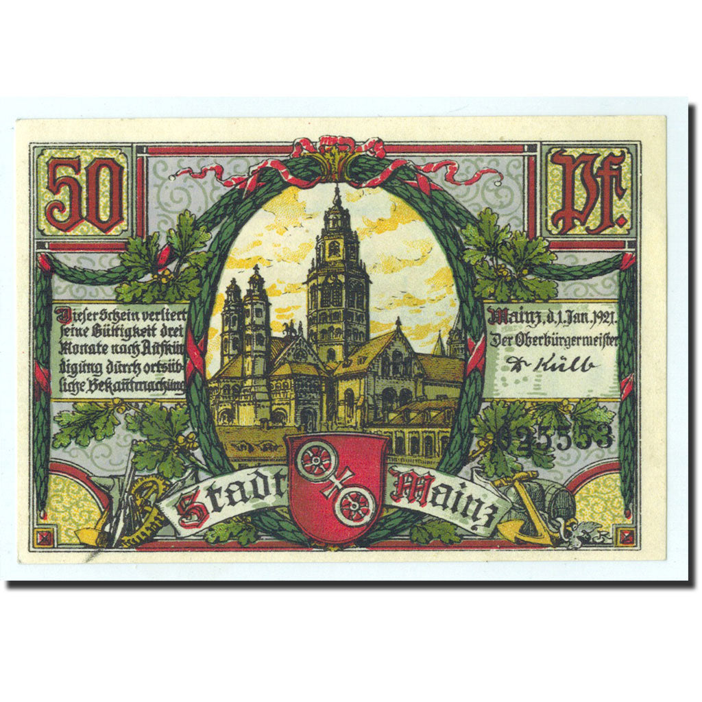 Banknote, Germany, Mainz Stadt, 50 Pfennig, Monument, 1921, 1921-01-01