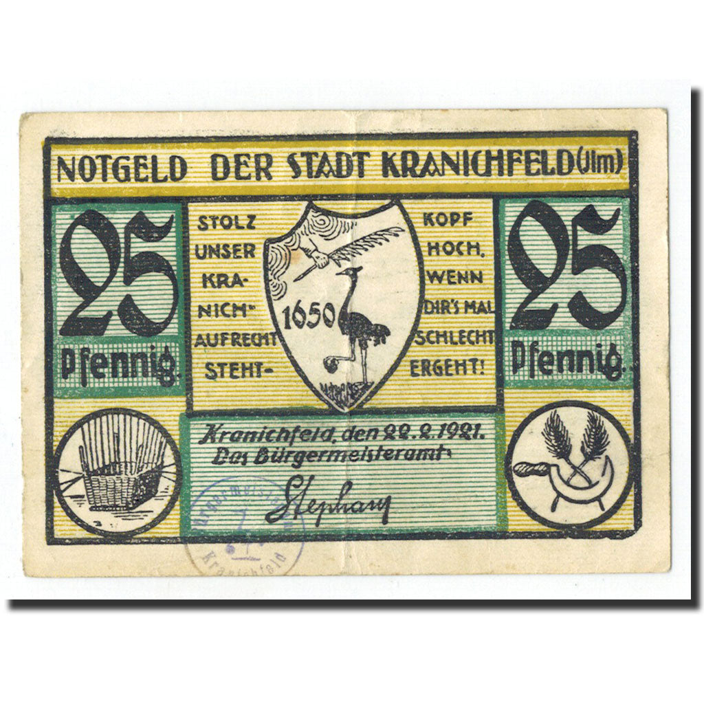 Banknote, Germany, Kranichfeld, 25 Pfennig, paysage, 1921, 1921-02-22